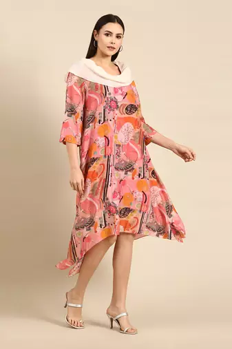 Pink printed muslin cowl neck dress