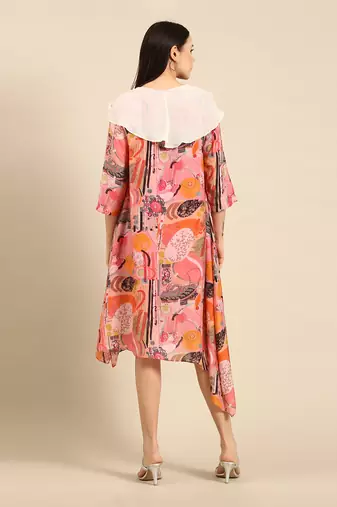 Pink printed muslin cowl neck dress