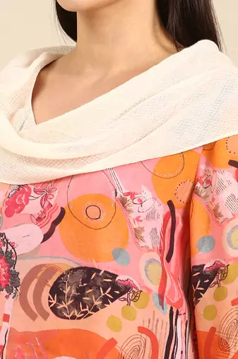 Pink printed muslin cowl neck dress