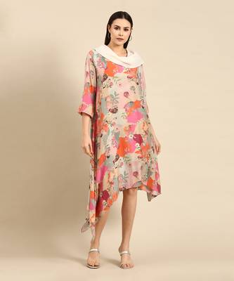 Pastel printed muslin cowl neck dress 1