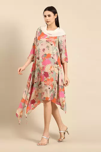Pastel printed muslin cowl neck dress