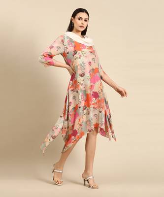 Pastel printed muslin cowl neck dress 3