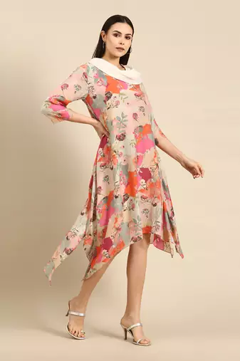 Pastel printed muslin cowl neck dress
