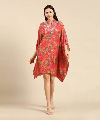 Pink printed muslin kaftan dress 1