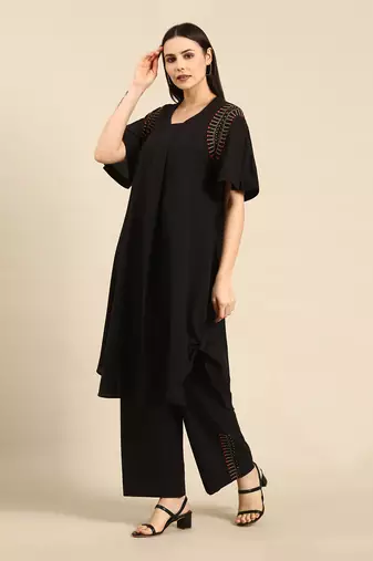 Black cotton pleated aline dress