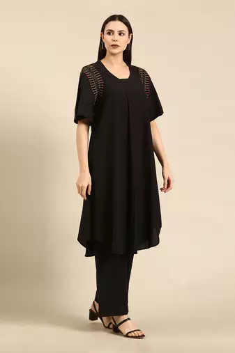 Black cotton pleated aline dress