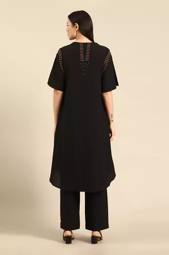 Black cotton pleated aline dress