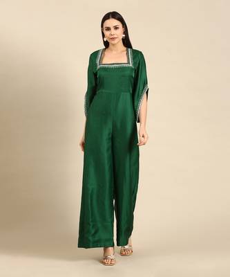 Green silk embroidered jumpsuit 1