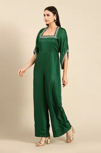 Green silk embroidered jumpsuit
