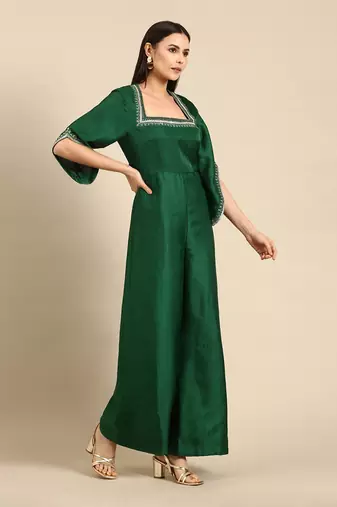 Green silk embroidered jumpsuit