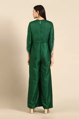 Green silk embroidered jumpsuit