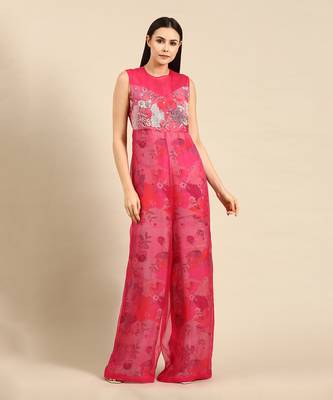 Pink chanderi printed jump suit 1