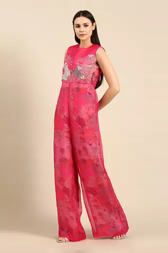 Pink chanderi printed jump suit