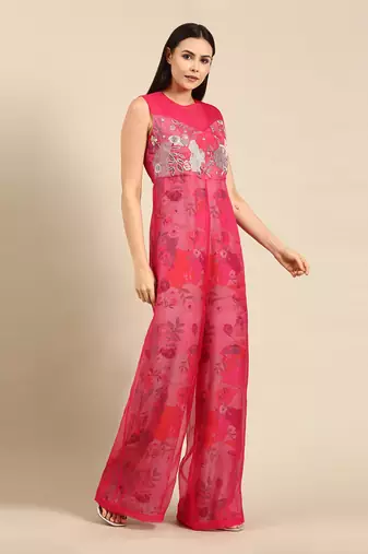 Pink chanderi printed jump suit