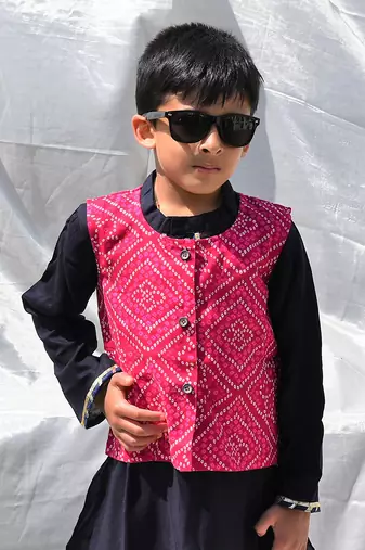 Pink & blue bhandhani jacket kurta set