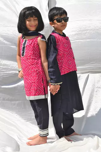 Pink & blue bhandhani jacket kurta set