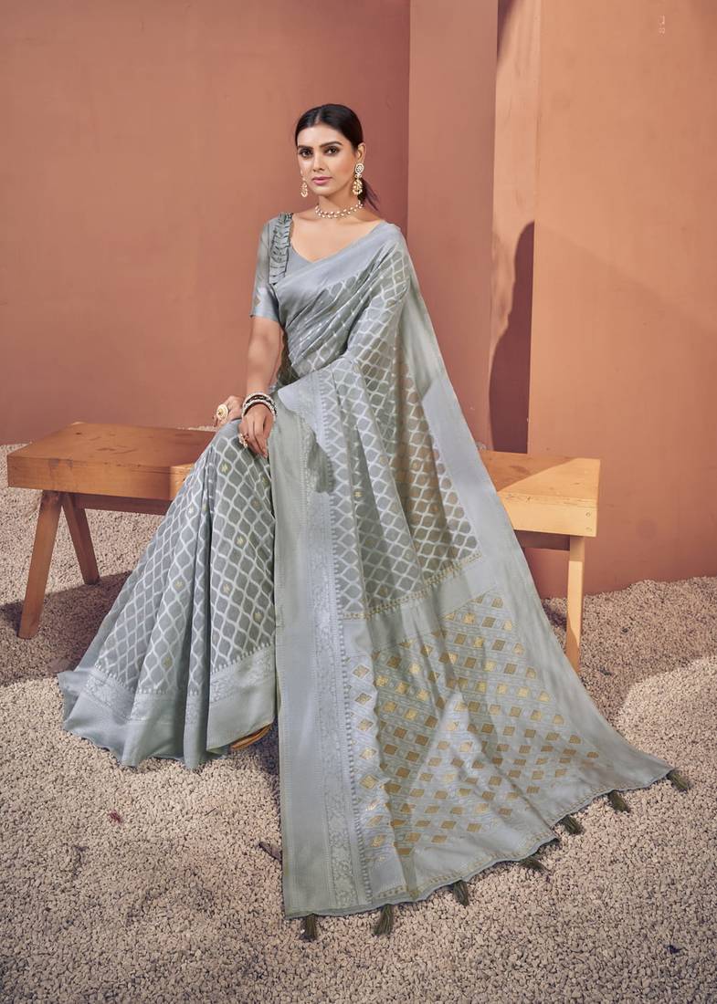 Grey color cotton weave attractive saree with unstiched blouse