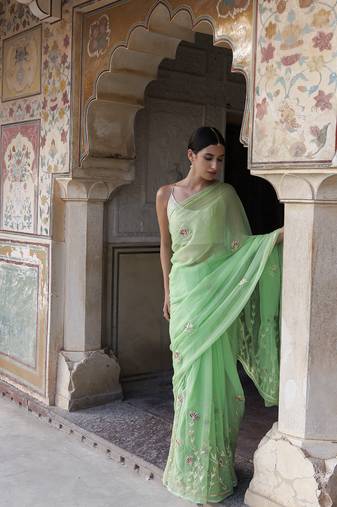 Geroo Jaipur Green Hand embroidered Gota Patti Chiffon Saree
