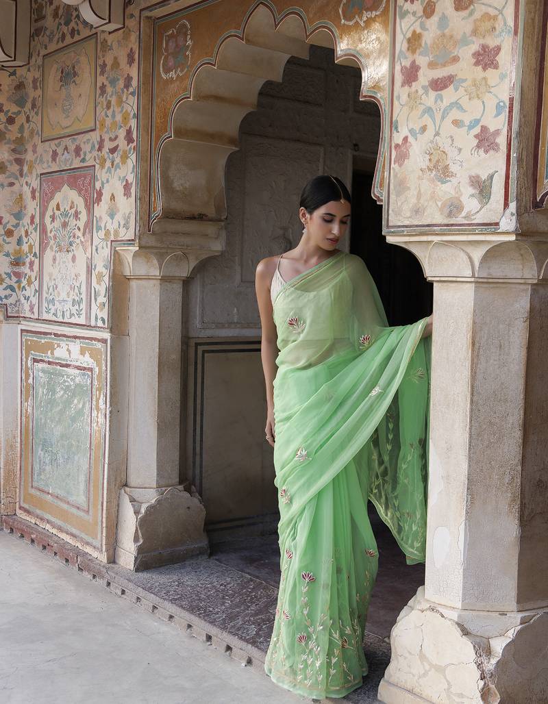 Geroo Jaipur Green Hand embroidered Gota Patti Chiffon Saree