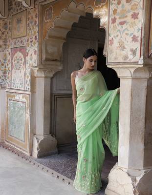   Green Hand embroidered Gota Patti Chiffon Saree 1