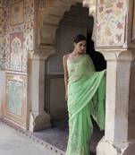 Geroo Jaipur Green Hand embroidered Gota Patti Chiffon Saree
