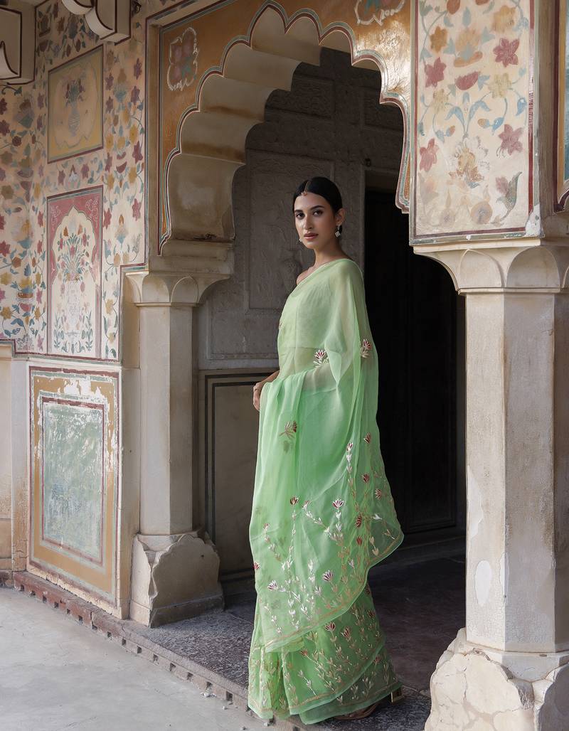 Geroo Jaipur Green Hand embroidered Gota Patti Chiffon Saree