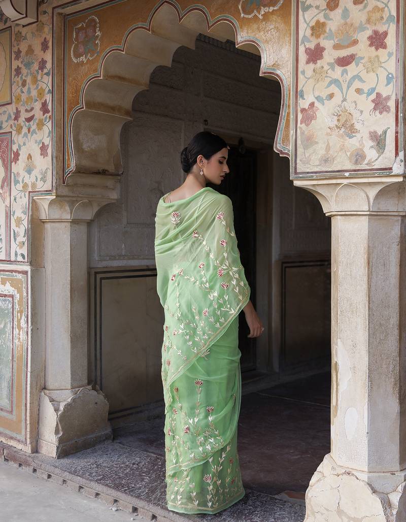 Geroo Jaipur Green Hand embroidered Gota Patti Chiffon Saree