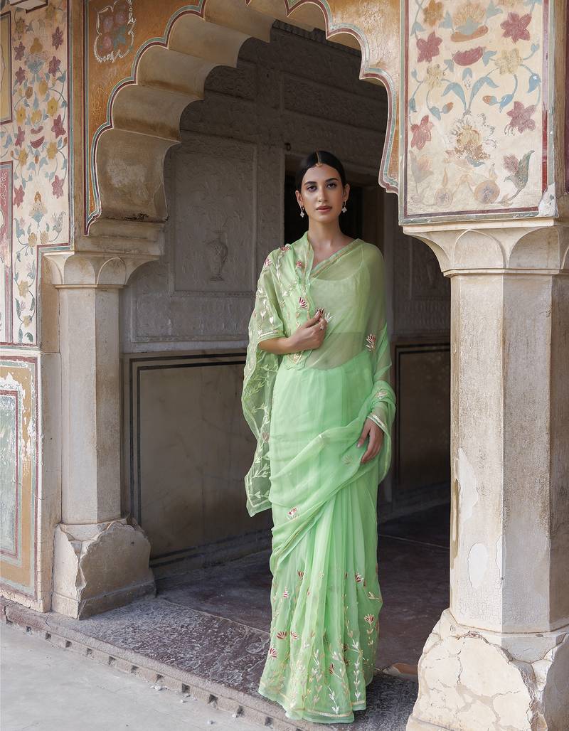 Geroo Jaipur Green Hand embroidered Gota Patti Chiffon Saree