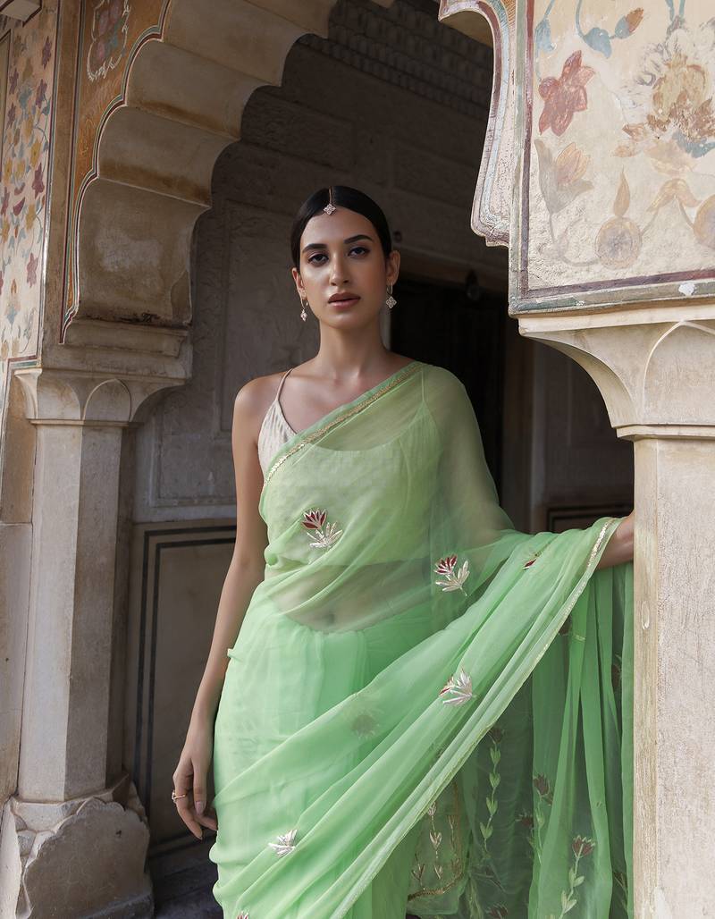 Geroo Jaipur Green Hand embroidered Gota Patti Chiffon Saree