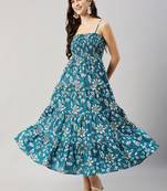 Winered women blue smocking dress with straps