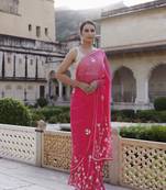 Geroo Jaipur Pink Hand Embroidered Gota Patti Chiffon saree