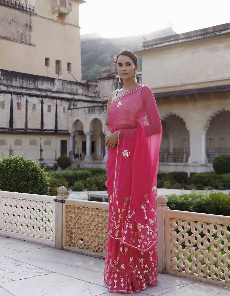 Geroo Jaipur Pink Hand Embroidered Gota Patti Chiffon saree