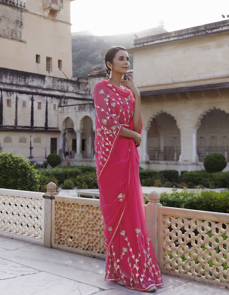 Geroo Jaipur Pink Hand Embroidered Gota Patti Chiffon saree