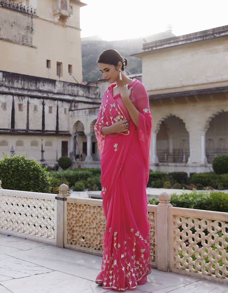 Geroo Jaipur Pink Hand Embroidered Gota Patti Chiffon saree