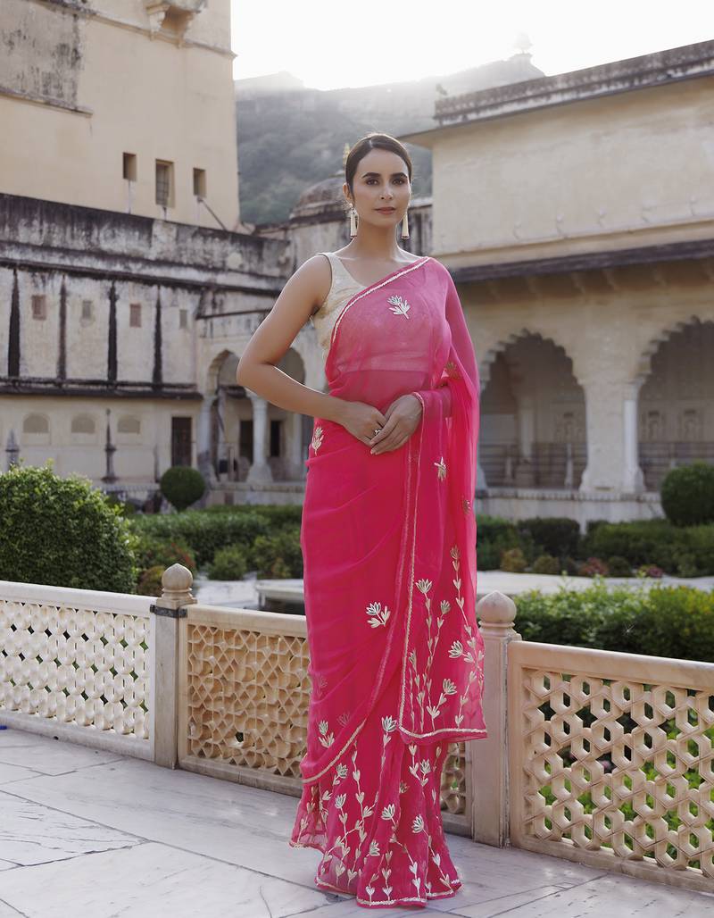 Geroo Jaipur Pink Hand Embroidered Gota Patti Chiffon saree