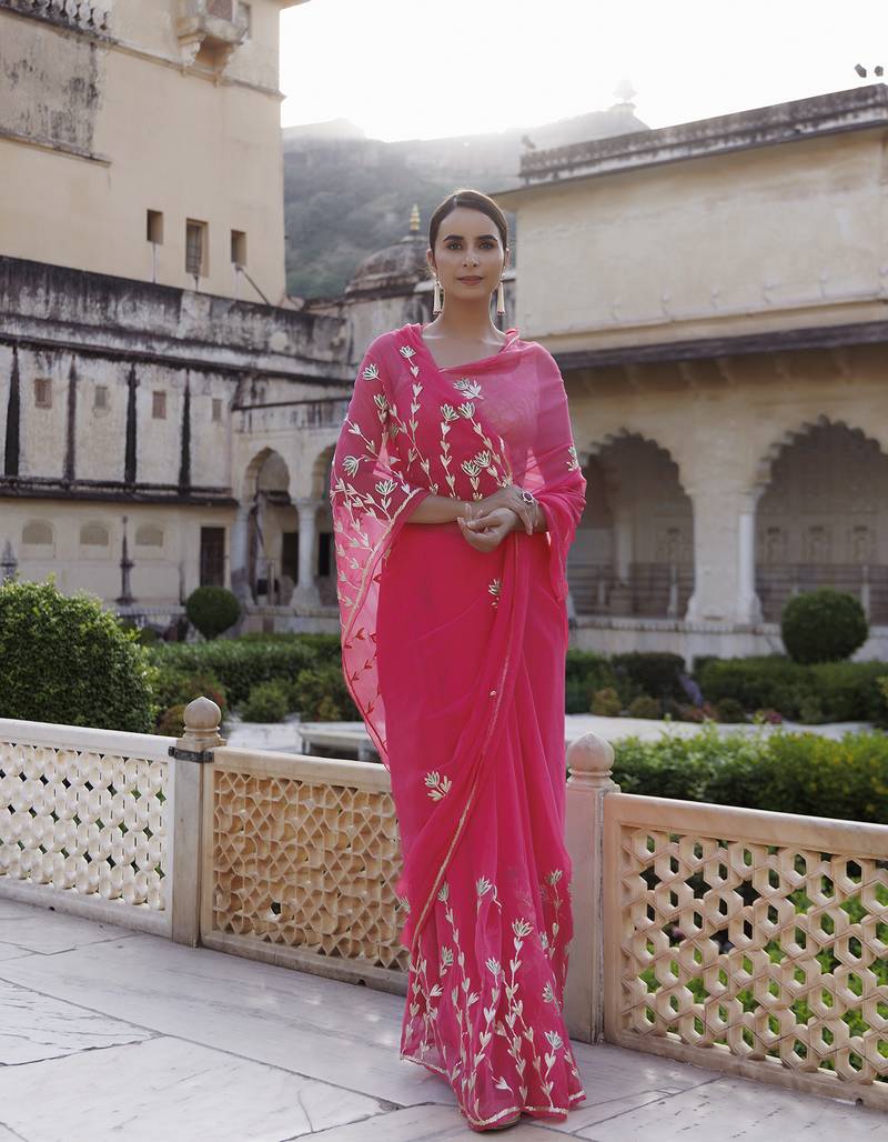 Geroo Jaipur Pink Hand Embroidered Gota Patti Chiffon saree