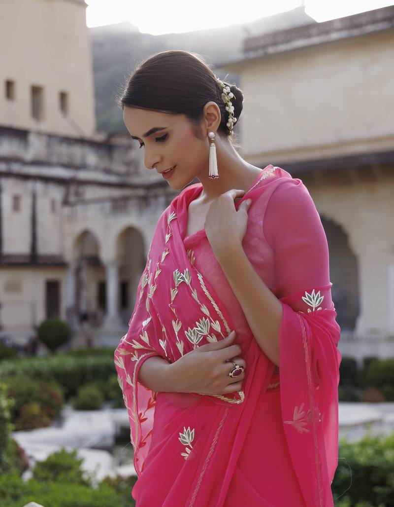 Geroo Jaipur Pink Hand Embroidered Gota Patti Chiffon saree