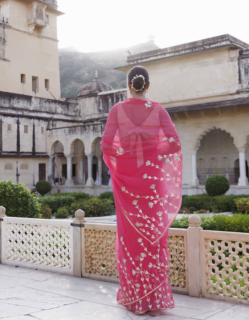 Geroo Jaipur Pink Hand Embroidered Gota Patti Chiffon saree