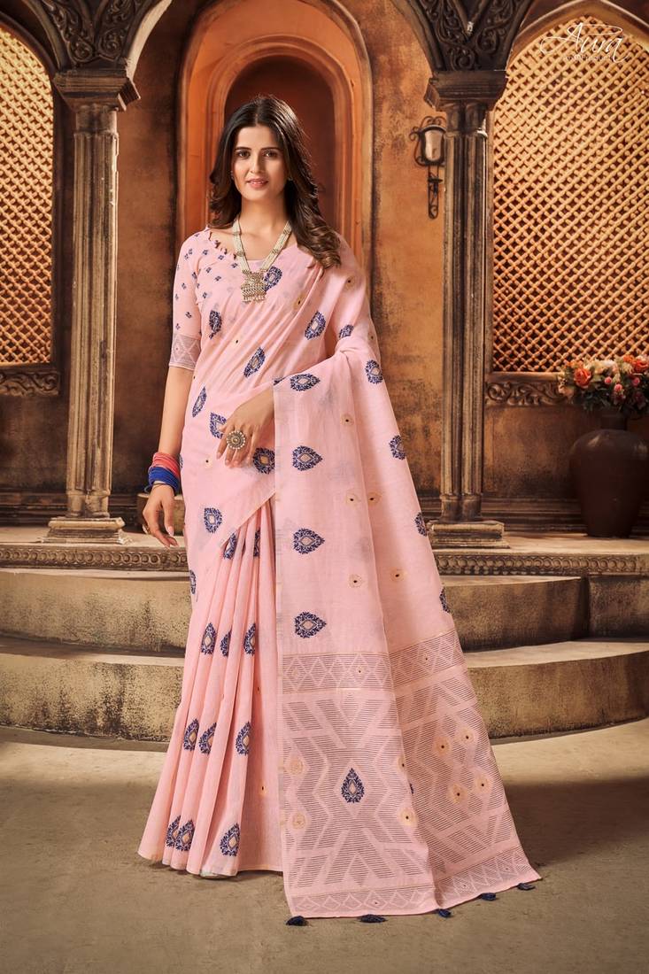 Pink color cotton weave attractive saree with unstiched blouse
