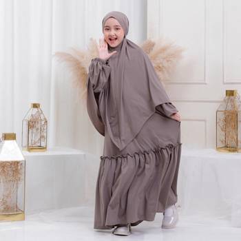 Kids or Children or Girls Abaya or Burqa Beautiful Self Design Grey Crepe Islamic Abaya for Kids with Khimar 1