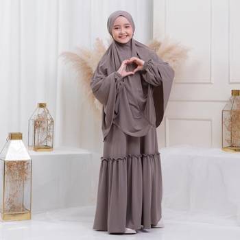 Kids or Children or Girls Abaya or Burqa Beautiful Self Design Grey Crepe Islamic Abaya for Kids with Khimar 2