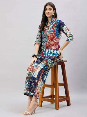 Winered woman navy blue multi- patch print collared co-ord set 2