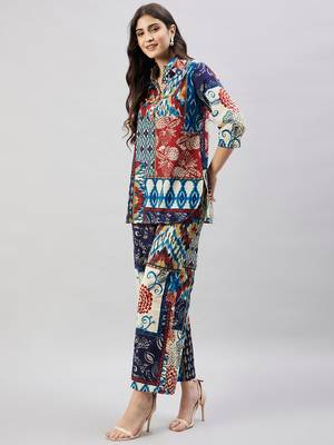 Winered woman navy blue multi- patch print collared co-ord set 3