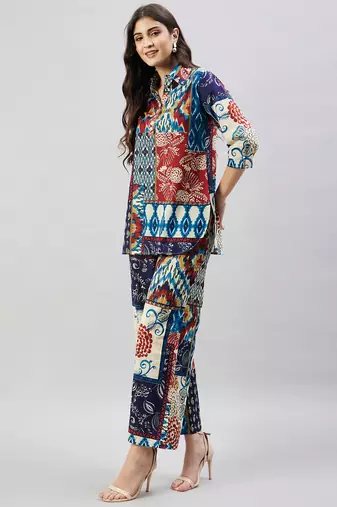 Winered woman navy blue multi- patch print collared co-ord set