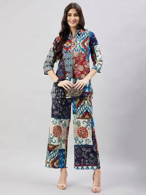 Winered woman navy blue multi- patch print collared co-ord set 5