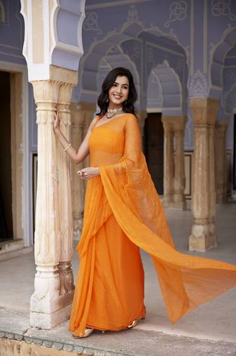 Geroo Jaipur Orange Hand Embroidered Mukaish Chiffon Saree