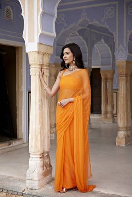   Orange Hand Embroidered Mukaish Chiffon Saree 2
