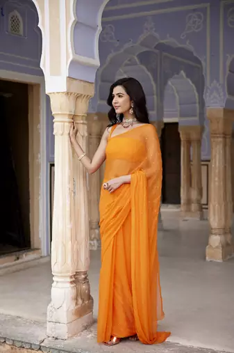   Orange Hand Embroidered Mukaish Chiffon Saree