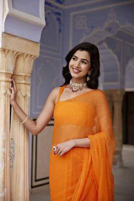   Orange Hand Embroidered Mukaish Chiffon Saree 4