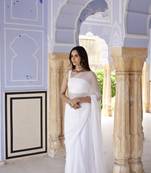 Geroo Jaipur White Hand Embroidered Mukaish Chiffon Saree